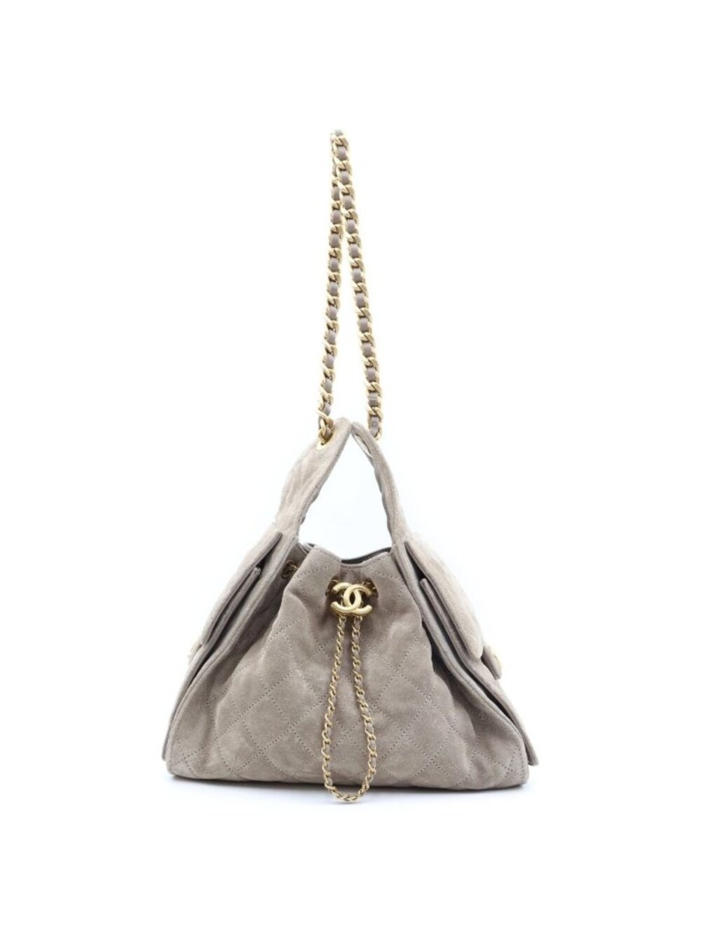 Chanel 25 Small Chain Shoulder Bag Suede Leather Gold Gray Plate